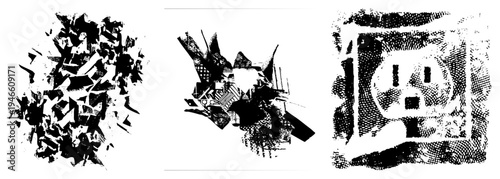 Black and white vector graphic with fragmented shapes, halftone texture, abstract composition, isolated design elements, stylized chaos, digital print aesthetic.