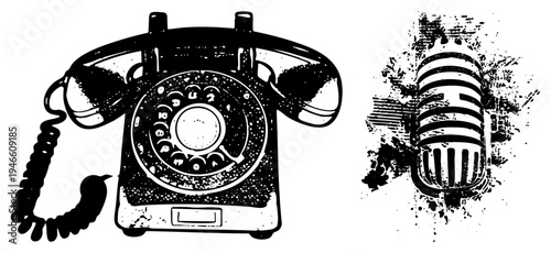 Classic rotary telephone with coiled cord and circular dial, vintage microphone with striped grille, black and white vector art, retro communication tools, isolated graphic elements.