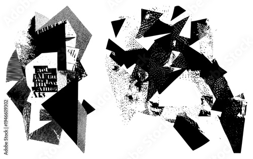 Bold black shapes colliding in halftone texture, graphic design chaos, fragmented vector art, typographic collage, abstract composition.
