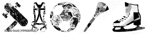 Distressed hammer, harness, soccer ball, hockey stick, ice skate gritty vector for athletic and industrial themes. Sport equipment, labor tools, urban grit, design.