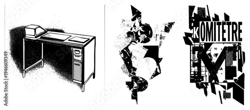 Retro office workstation with bulky CRT monitor, dot matrix printer, metal filing cabinet, halftone shading, 1980s tech aesthetic, isolated vector graphic.