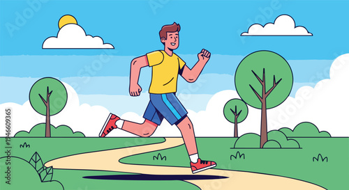 A happy man enjoys a refreshing jog through a beautiful park on a sunny day, embracing a healthy and active outdoor lifestyle