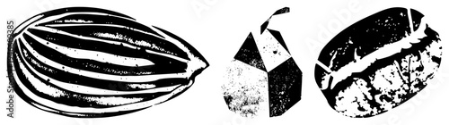 Stylized cocoa pod, milk carton, and coffee bean in halftone texture, vector art, isolated food items, beverage ingredients, graphic design elements.