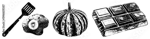 Vintage style halftone illustration of cooking spatula, pumpkin, and chocolate bar autumn harvest, baking, seasonal treats, rustic kitchen, food.