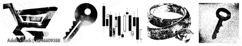 halftone graphic set with shopping cart, key, financial candlestick chart, wedding ring, and vintage key ideal for UI, web, or print design.