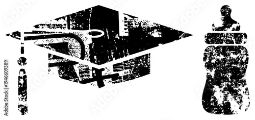 graduation cap and baby bottle in distressed, parental milestone, new parenthood, academic achievement, life stage shift, symbolic, parenting journey.