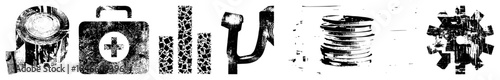 Set of stylized mechanical and utility symbols with distressed textures, including can, first aid kit, pipe, coins, gear vector for tech or industrial design.
