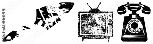 Retro, vintage TV with static, rotary telephone all in distressed black and white vector art. Classic tech symbols with gritty texture, nostalgic design, analog era aesthetics.
