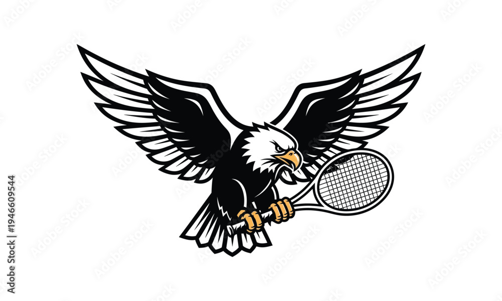 Fototapeta premium Bald eagle mascot holding tennis racket with spread wings vector design