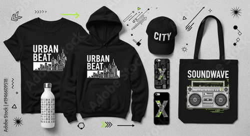 Urban Beat Merchandise Collection Featuring T-Shirt, Hoodie, Tote Bag, and Accessories.