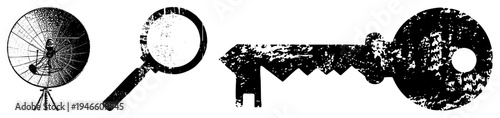 Grunge style black radio telescope, magnifying glass, and skeleton key. Stylized vector silhouettes with distressed texture. Retro scientific and symbols.