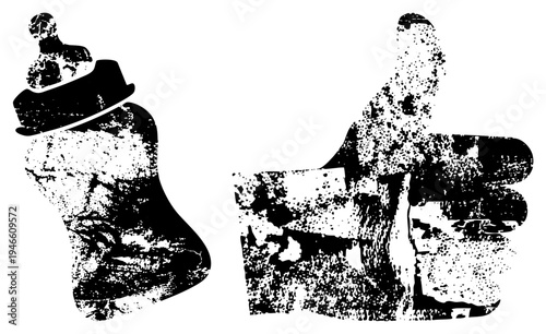 Distressed halftone baby bottle and hand giving thumbs up, graphic design elements, vintage print style, black and white vector, isolated digital assets.