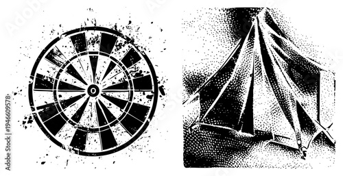 Circular dartboard with segmented scoring zones, halftone tent illustration, target game graphic, camping tent design, retro print style, black and white vector art.