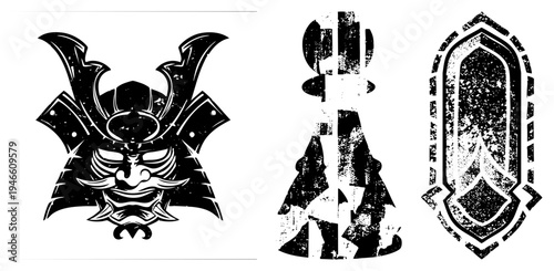 Stylized samurai helmet, battle spear, and ornate gothic shield, distressed vector, warrior symbols, medieval.