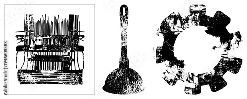 Antique weaving machine producing fabric, loom apparatus, textile equipment, artisanal workshop, mechanical textile tool.