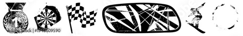 Retro checkered flag, dartboard, ski jumper, cracked car mirror, trophy medal gritty vector for sports, gaming, and competition themes. Grunge texture,, isolated symbols.