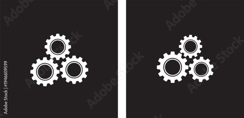 Set of white gears on a black background, representing industry, teamwork, and mechanics, Flat Design, Graphic Resource