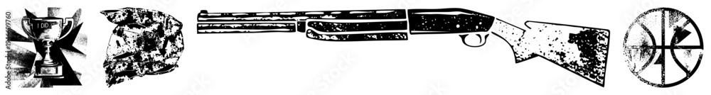 Obraz premium Classic shotgun silhouette with weathered grain, trophy cup, achievement symbol, sportsmanship emblem, hunting gear graphic.