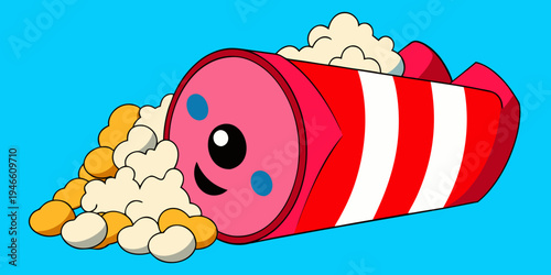 Red and white striped container with popcorn spilling onto a light teal surface; scattered popped kernels create a casual, fun impression. Perfect for