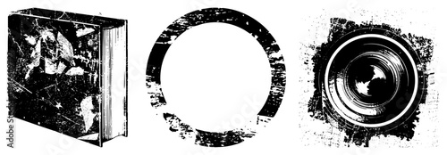 Distressed book cover, weathered circular frame, vintage camera lens, textures, gritty vector art, artistic composition.