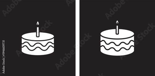 Simple Line Art Celebration Cake Icon with Burning Candle on Black Background, Duo, Food And Drink
