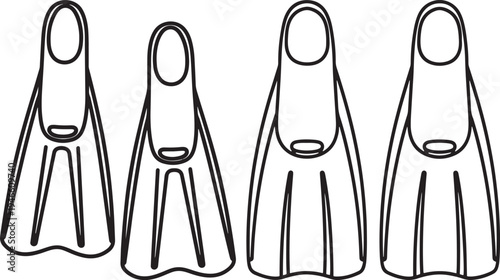 Set of Four Swimming Fins or Flippers Line Art Icons on White Background with Water Sport with Outline Drawing