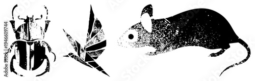 Stenciled insect, avian, and rodent illustrations with distressed halftone, vector cutouts, graphic design, isolated animal motifs.