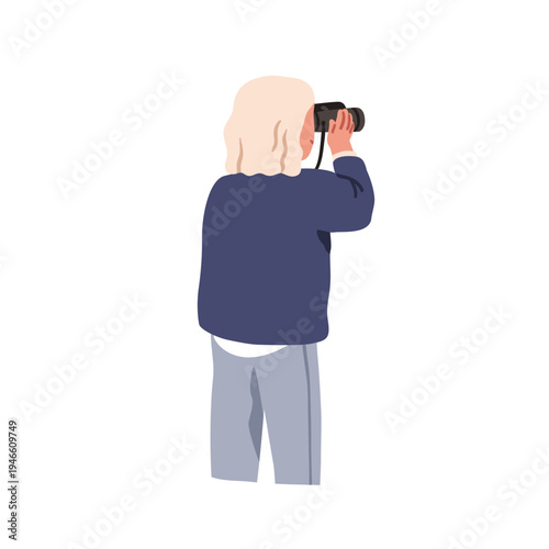 Kid watching through binoculars. Curious child observing, looking, exploring, searching and finding. Observation at distant view, perspective. Flat vector illustration isolated on white background