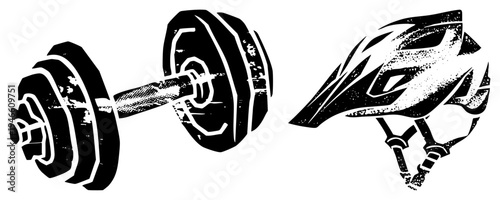 Gym equipment dumbbell with textured plates, mountain bike helmet with ventilation slots, vector, fitness, workout gear.