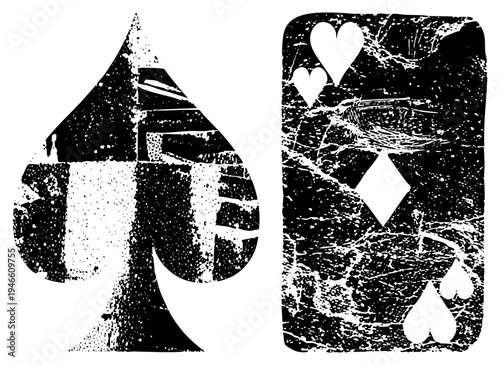 Worn playing card symbols, spade and heart, vintage card design, grunge texture, poker game elements, casino graphics, card game art.