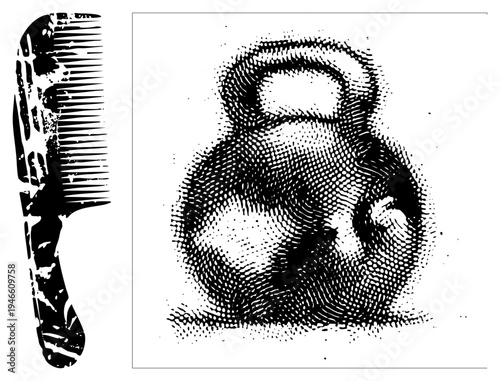 Stylized comb with textured, halftone kettle with dot shading, vector art, graphic design elements, black and white illustration.