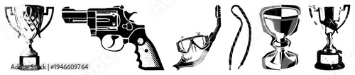 Trophy, revolver, snorkel, rope, hourglass, broken trophy bold for triumph, conflict, exploration, time, defeat. Vector symbols for gaming/UI design.