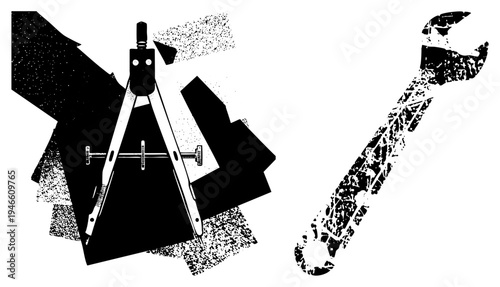 Precision drafting compass with adjustable legs, mechanic’s adjustable wrench, halftone texture, black and white vector art, technical drawing tools, isolated engineering symbols.