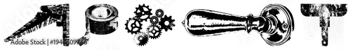 Classic hand tools, mechanical gears, door knob, duct tape, and T bar hardware rendered as detailed vector silhouettes with halftone texture and engraved for industrial design.