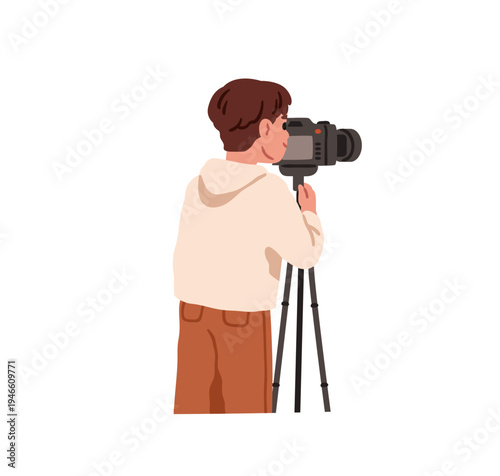 Kid with camera. Little boy standing behind tripod, filming, recording video, photographing. Creative child, videography and photography hobby. Flat vector illustration isolated on white background