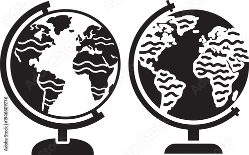 Globe with continents, world map icon, international travel and business concept, simple vector, Blue Planet, Black And White