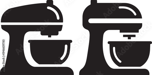 Two Kitchen Stand Mixers with Bowls, Simple Black and White Line Art Icons, Stand Mixer, Kitchen Appliance, Food Processor, Black Background