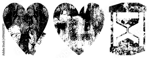 Retro styled heart and hourglass rendered in halftone dot, vector graphics with distressed textures, ideal for graphic design, print, or digital interfaces.