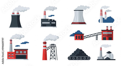 Industrial Plants and Factories with Smoke Emission Vector Set.