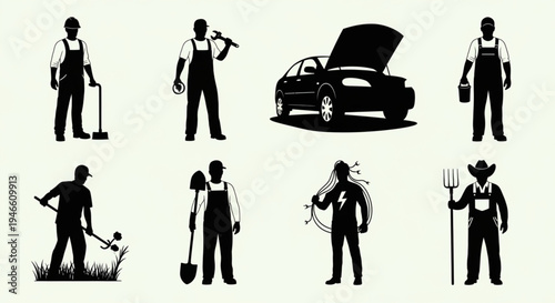 Silhouettes of various workers in different professions.