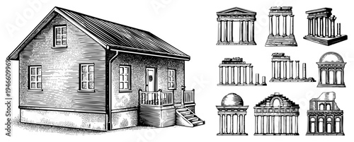 Rustic countryside home with gabled roof, shuttered windows, front porch, wooden stairs, vintage architectural charm, rural dwelling, country house.