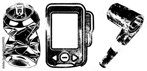 Vintage digital music player with screen and controls, crushed aluminum soda can, retro portable device, nostalgic tech, beverage container, flat vector illustration.