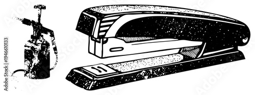 Classic office stapler and fire extinguisher rendered in gritty halftone style, office safety equipment, retro stationery tools, vector graphic.