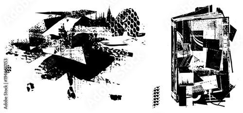 Urban abstract composition with fragmented buildings, halftone, and bold black shapes, modernist architecture, graphic city, vector art, stylized.