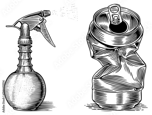 Handheld spray bottle releasing mist toward crushed aluminum can, vintage illustration, cleaning or disposal concept, halftone shading, vector art.