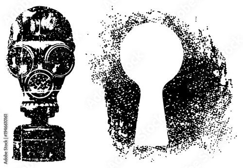 Distressed gas mask and keyhole cutout with speckled halftone texture, retro stencil style, safety gear, dystopian symbol, vector art.