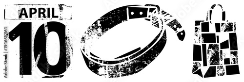 Grungy black date stamp "APRIL 10", leather belt with buckle, paper shopping bag with handles, distressed vector set, fashion retail, vintage graphic.