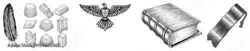 Scholarly emblem set featuring quill pen, ancient stone fragments, eagle, leather bound book, and decorative bookmark classic academic for education, history, and research.