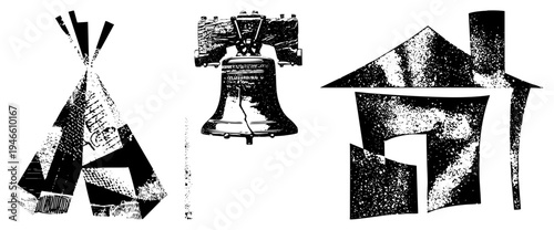 Stylized teepee, Liberty Bell, and house in high contrast halftone, graphic design elements, abstract geometric shapes, vector art.