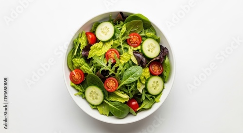 A vibrant salad bowl filled with fresh greens, crisp lettuce, juicy tomatoes, and crunchy cucumbers, all tossed together in a light dressing.